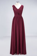 Vestido de dama de honor largo hasta el suelo, corte en A, con volantes, de gasa y encaje, con escote en V.
