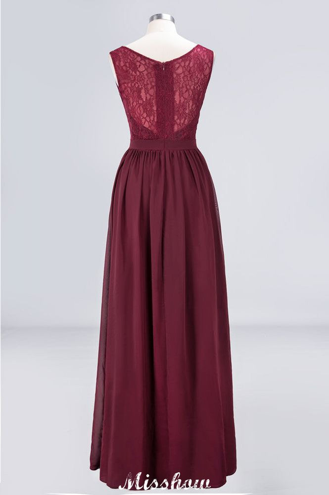 Vestido de dama de honor largo hasta el suelo, corte en A, con volantes, de gasa y encaje, con escote en V.