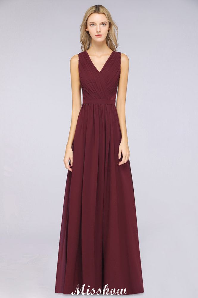 Vestido de dama de honor largo hasta el suelo, corte en A, con volantes, de gasa y encaje, con escote en V.