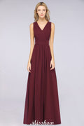 Vestido de dama de honor largo hasta el suelo, corte en A, con volantes, de gasa y encaje, con escote en V.
