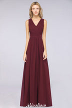 Vestido de dama de honor largo hasta el suelo, corte en A, con volantes, de gasa y encaje, con escote en V.