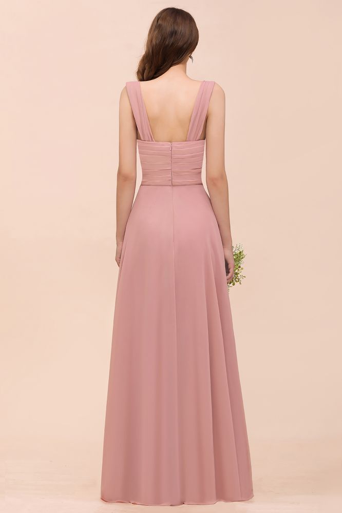 Vestido largo de dama de honor rosa empolvado con tirantes y volantes para niñas