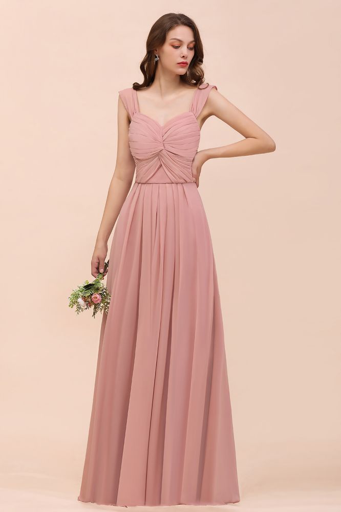 Vestido largo de dama de honor rosa empolvado con tirantes y volantes para niñas