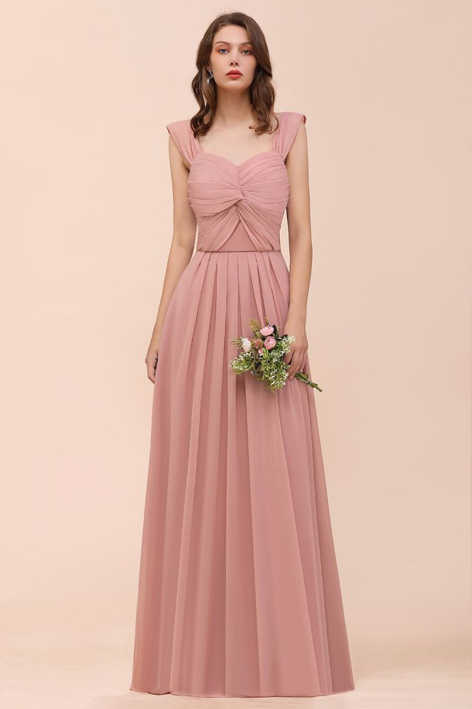 Vestido largo de dama de honor rosa empolvado con tirantes y volantes para niñas