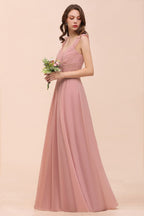 Vestido largo de dama de honor rosa empolvado con tirantes y volantes para niñas