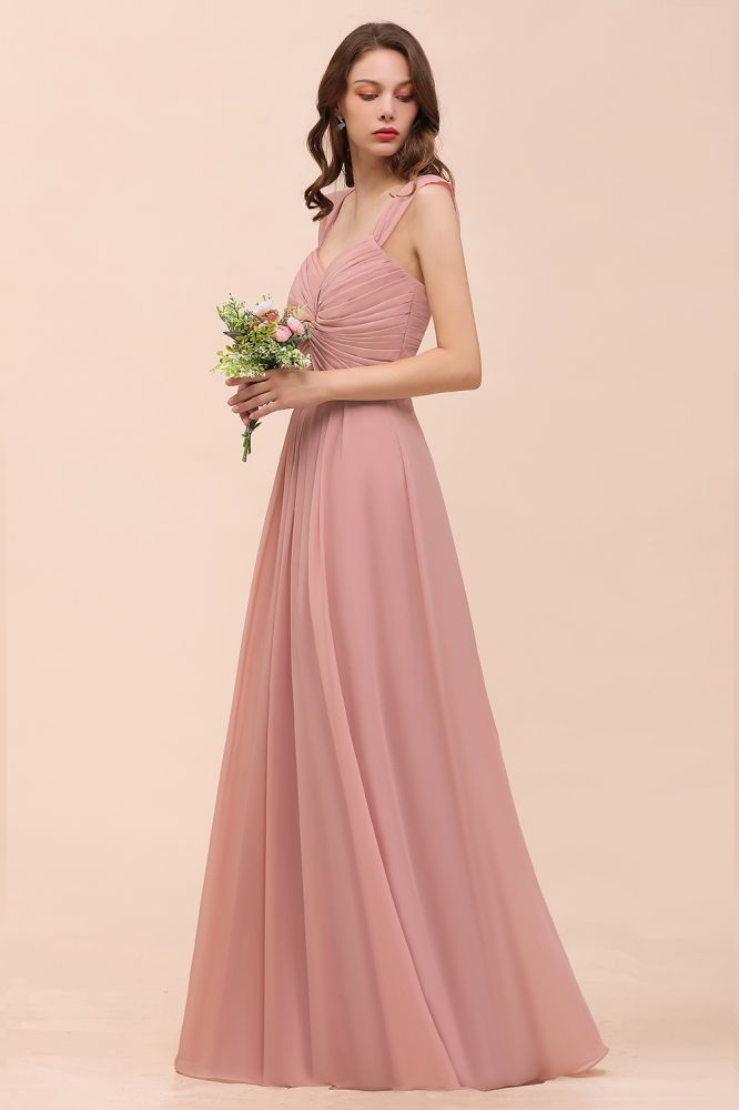 Vestido largo de dama de honor rosa empolvado con tirantes y volantes para niñas