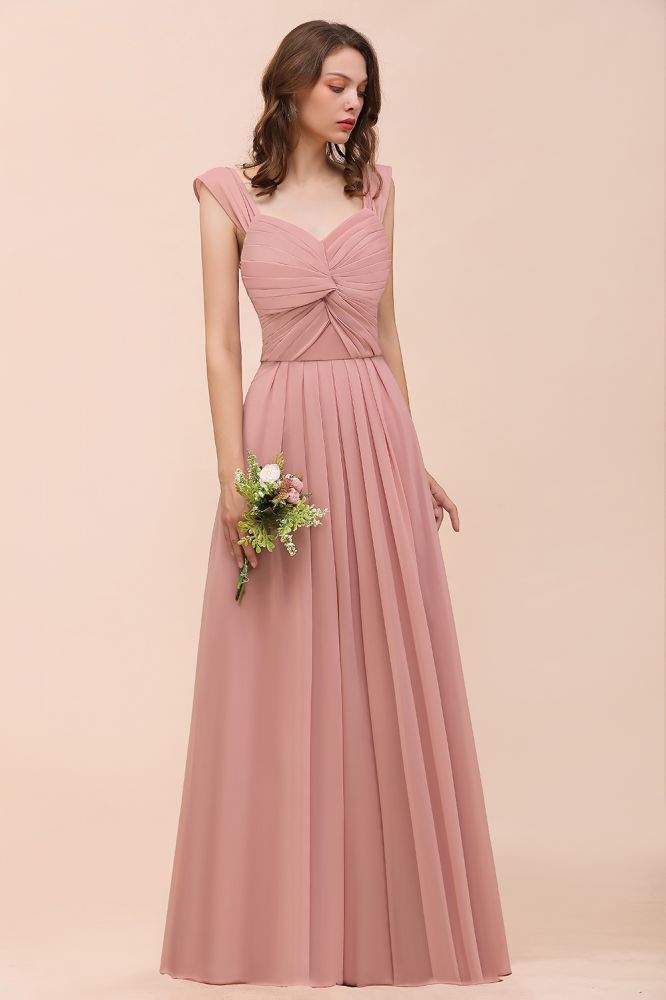 Vestido largo de dama de honor rosa empolvado con tirantes y volantes para niñas