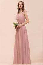 Vestido largo de dama de honor rosa empolvado con tirantes y volantes para niñas