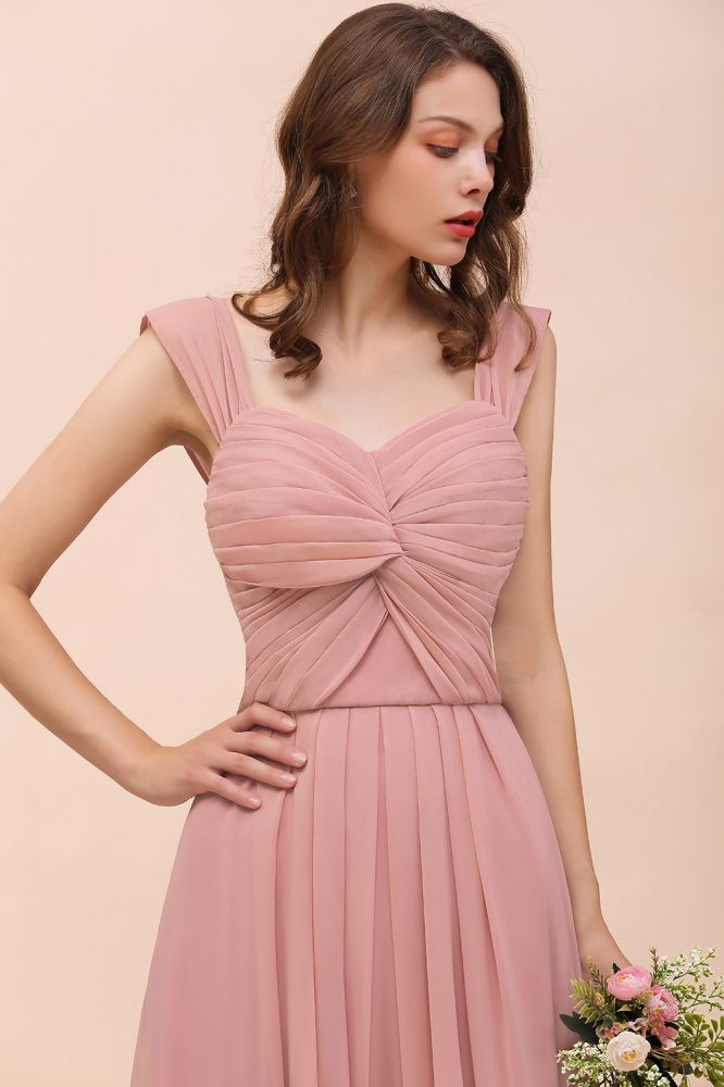 Vestido largo de dama de honor rosa empolvado con tirantes y volantes para niñas