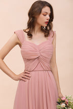 Vestido largo de dama de honor rosa empolvado con tirantes y volantes para niñas