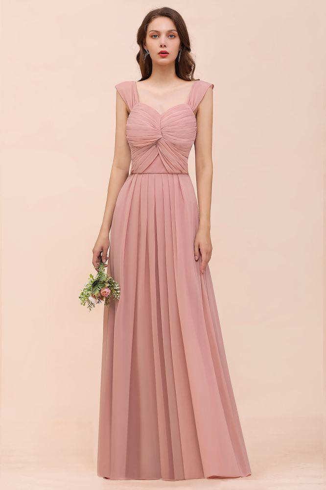 Vestido largo de dama de honor rosa empolvado con tirantes y volantes para niñas