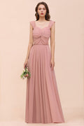 Vestido largo de dama de honor rosa empolvado con tirantes y volantes para niñas