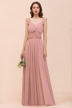 Vestido largo de dama de honor rosa empolvado con tirantes y volantes para niñas