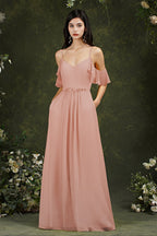 Ruffles Aline Spaghetti Strapes Tulle Long Prom Dress