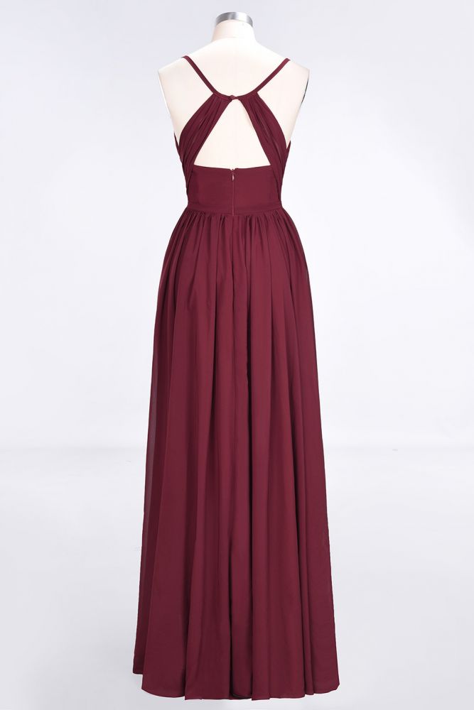 Vestido de dama de honor largo hasta el suelo, sin mangas, con escote en V, tirantes finos, escote en V y volantes de gasa.