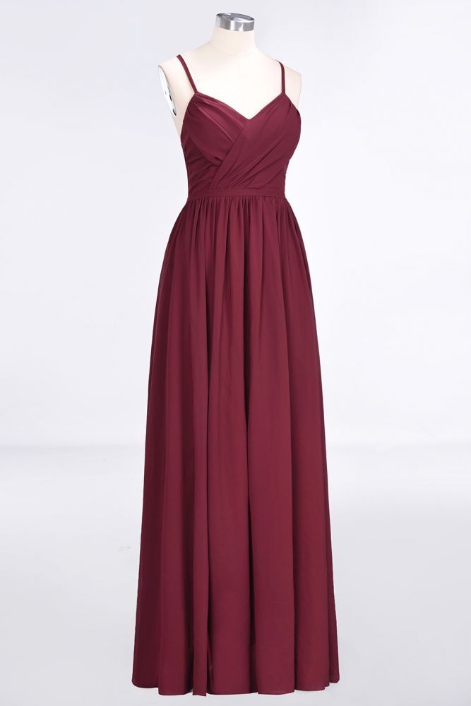 Vestido de dama de honor largo hasta el suelo, sin mangas, con escote en V, tirantes finos, escote en V y volantes de gasa.