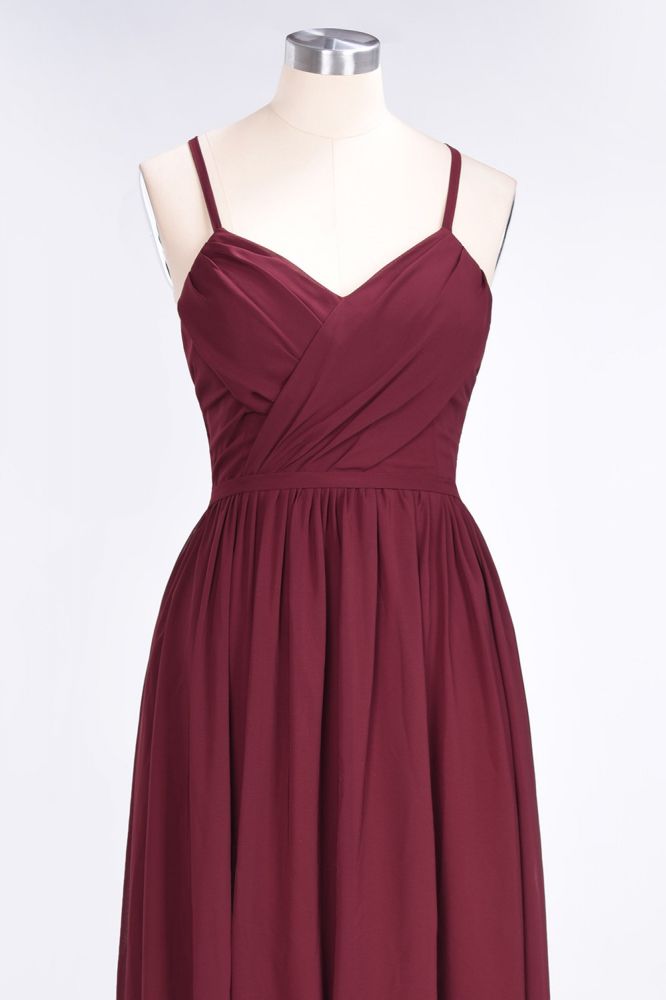 Vestido de dama de honor largo hasta el suelo, sin mangas, con escote en V, tirantes finos, escote en V y volantes de gasa.