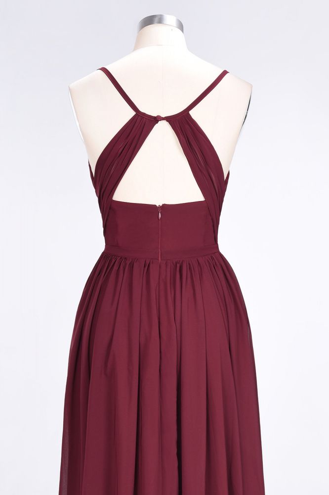 Robe de demoiselle d'honneur longue sans manches, à volants, en mousseline, à fines bretelles et col en V