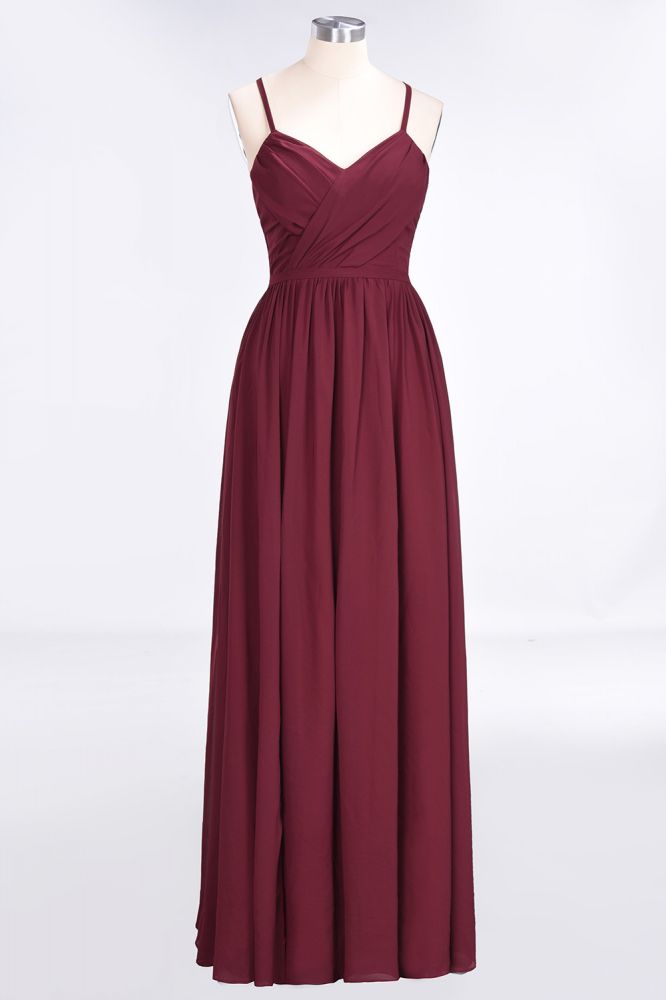 Vestido de dama de honor largo hasta el suelo, sin mangas, con escote en V, tirantes finos, escote en V y volantes de gasa.