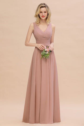 Ruffles V-Neck A-line Dusty Pink Bridesmaid Dresses | Sleeveless Floor-Length Evening Dresses