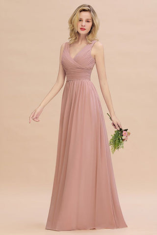 Ruffles V-Neck A-line Dusty Pink Bridesmaid Dresses | Sleeveless Floor-Length Evening Dresses