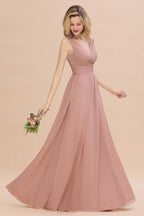 Vestidos de dama de honor rosa empolvado con escote en V y volantes | Vestidos de noche largos sin mangas