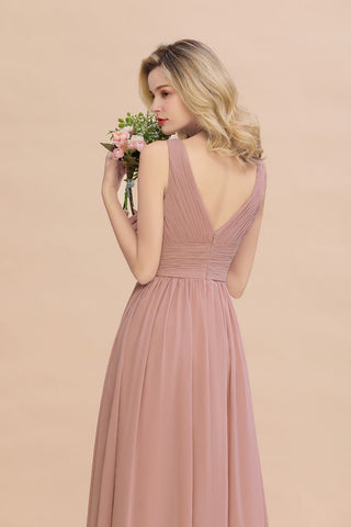 Ruffles V-Neck A-line Dusty Pink Bridesmaid Dresses | Sleeveless Floor-Length Evening Dresses