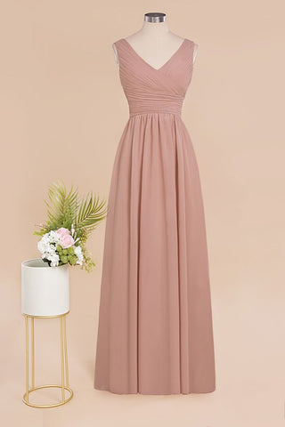 Ruffles V-Neck A-line Dusty Pink Bridesmaid Dresses | Sleeveless Floor-Length Evening Dresses