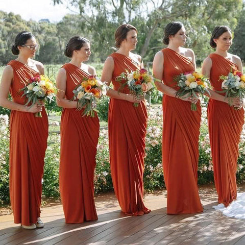 Baoleely Sheath One Shoulder Rust Orange Bridesmaid Dresses Ruffles