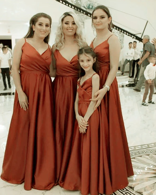 Vestidos de dama de honor económicos, sencillos, largos hasta el suelo, color óxido, sin mangas