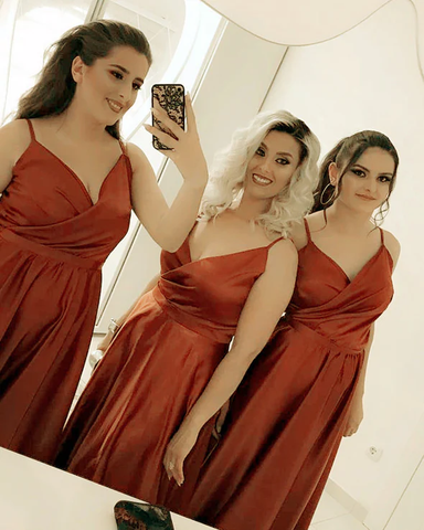 Vestidos de dama de honor económicos, sencillos, largos hasta el suelo, color óxido, sin mangas