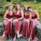 Baoleely Sexy V-neck Vintage Rust Velvet Bridesmaid Dresses Long