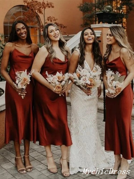 Vestidos de dama de honor sencillos y económicos en color óxido, vestidos de novia midi para el Reino Unido.