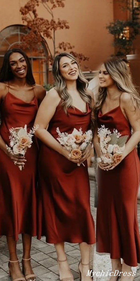 Vestidos de dama de honor sencillos y económicos en color óxido, vestidos de novia midi para el Reino Unido.