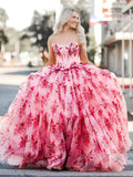 Santiago | Vestido de fiesta rosa palabra de honor de gasa, corte en A, estampado floral escalonado con lazo