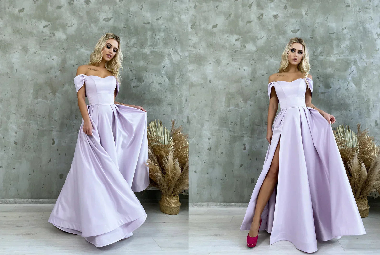 Robe de bal en satin corset à épaules dénudées et fente haute SYP184