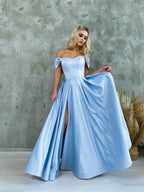 Robe de bal en satin corset à épaules dénudées et fente haute SYP184