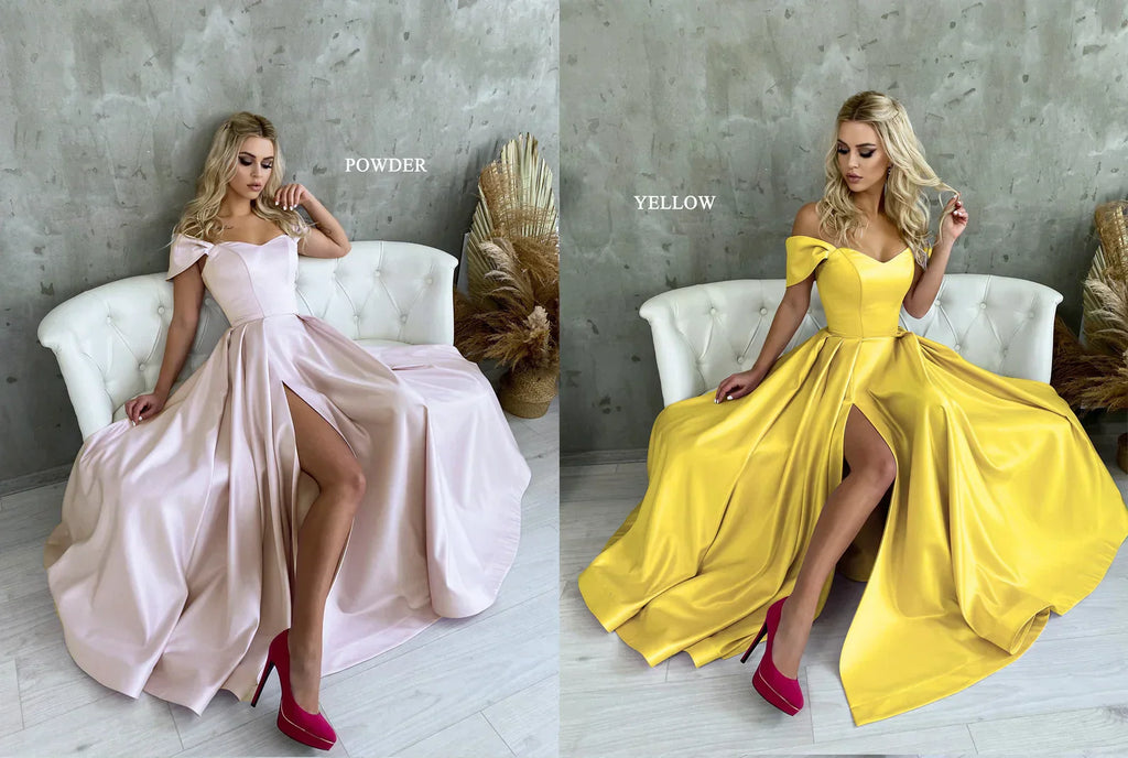 Robe de bal en satin corset à épaules dénudées et fente haute SYP184