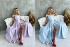 Robe de bal en satin corset à épaules dénudées et fente haute SYP184