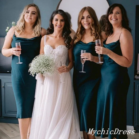 Baoleely Short Dark-Green Beach Bridesmaid Dresses Silk Satin Boho Wedding Dress