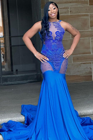 Vestido de sirena sin mangas de encaje azul real sexy para baile de graduación