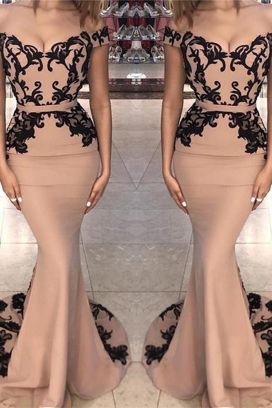 SCARLETT Mermaid Long Cap Sleeves Off-shoulder Applique Prom Dresses