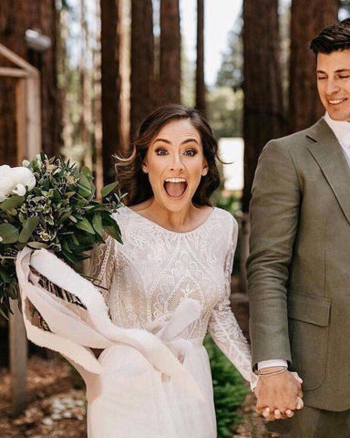 Vestido de novia de gasa color marfil, manga larga, escote redondo, espalda descubierta WD509