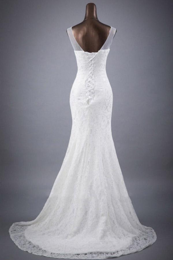 Vestido de novia corte sirena/trompeta con apliques de encaje y escote redondo WD154 