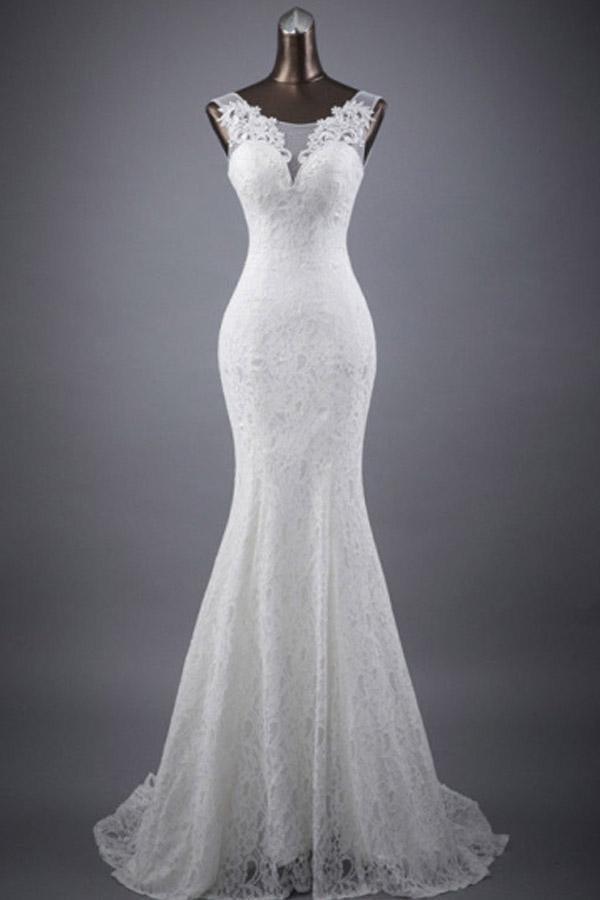 Vestido de novia corte sirena/trompeta con apliques de encaje y escote redondo WD154 