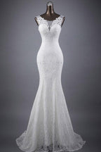 Vestido de novia corte sirena/trompeta con apliques de encaje y escote redondo WD154 