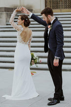 Vestidos de novia con escote redondo, espalda descubierta, encaje, mangas largas y abertura lateral WD473