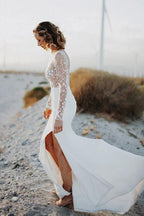 Vestidos de novia con escote redondo, espalda descubierta, encaje, mangas largas y abertura lateral WD473