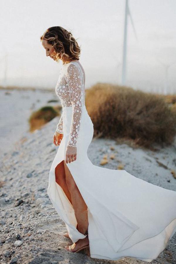 Vestidos de novia con escote redondo, espalda descubierta, encaje, mangas largas y abertura lateral WD473
