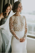 Vestidos de novia con escote redondo, espalda descubierta, encaje, mangas largas y abertura lateral WD473